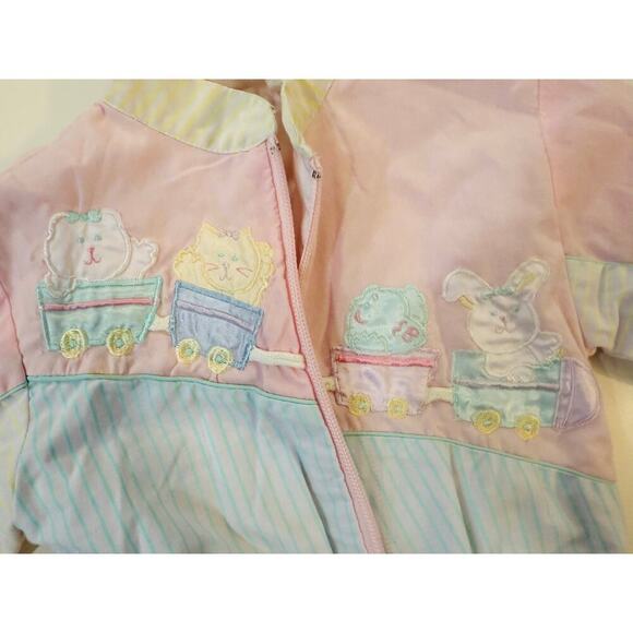 Vintage 80s Baby Girl Jacket Romper Set Pastel Train Animals Overalls Snap 6-9M - Picture 5 of 8